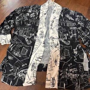 Black White Abstract Print Lightweight Open Kimono